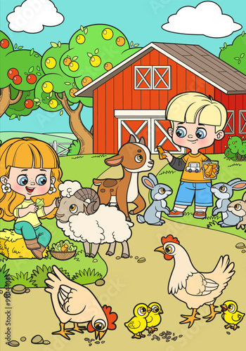 Children feed animals and chickens on the farm near the barn color variation