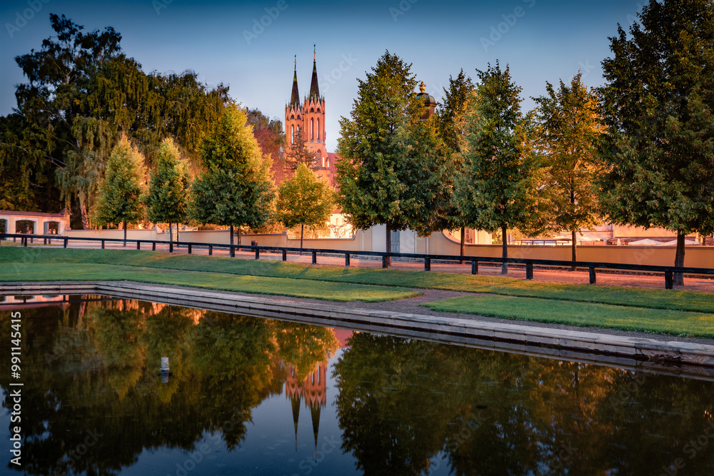 Calm morning view of two spire of Cathedral Basilica of the Assumption of the Blessed Virgin Mary, Podlaskie Voivodeship. Stunning dawn cityscape of Bialystok - largest city in northeastern Poland.
