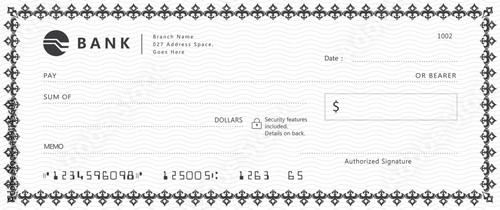 Bank check, vector blank money cheque, checkbook template with guilloche pattern and fields. Currency payment coupon, money check background