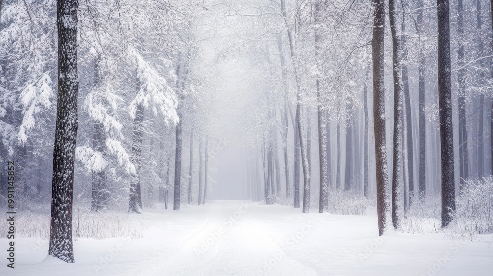 Naklejka premium Tranquil Winter Forest Scene with Snow-Covered Trees and Gentle Snowfall Creating a Peaceful Atmosphere