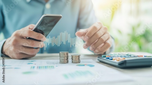 Wealthy man investing in stocks on a smartphone contrasted with a poor person checking a calculator, financial tools, wealth vs poverty photo