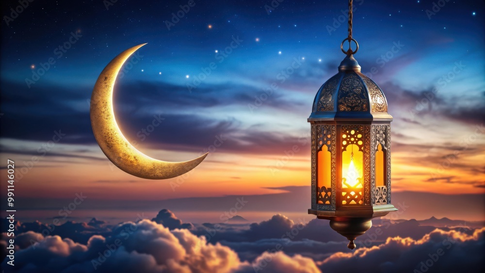 An ornate lantern hanging on a crescent moon holder glowing warmly against a night sky, with crescent moon and ambient light in the background An ornate lantern hanging on a crescent moon holder glowing warmly against a night sky, with crescent moon and ambient light in the background