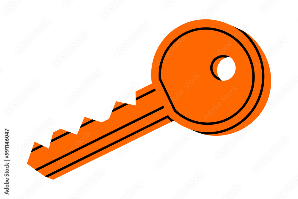Hand drawn cute cartoon illustration of key. Flat vector real estate sticker doodle. Protection or access icon. Mortgage loan. Housing for rent. Buy or sell building. Verification procedure. Isolated. Hand drawn cute cartoon illustration of key. Flat vector real estate sticker doodle. Protection or access icon. Mortgage loan. Housing for rent. Buy or sell building. Verification procedure. Isolated.