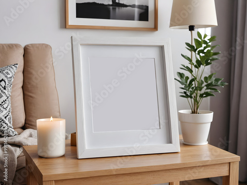 Light wooden frame on side table in modern living room