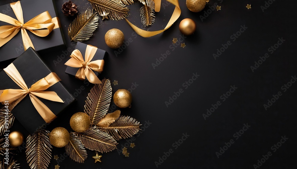 Naklejka premium Luxurious Black and Gold Themed Black Friday Background with Gift Boxes and Holiday Decorations