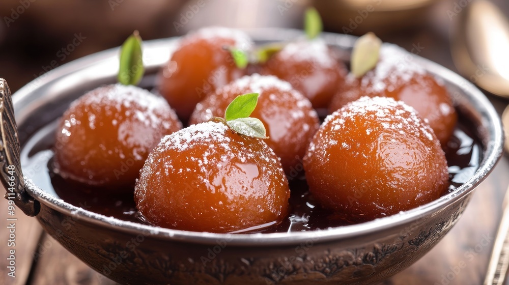 Close up of sweet, orange, round dessert with a sugar glaze and green leaves in a metal bowl. Close up of sweet, orange, round dessert with a sugar glaze and green leaves in a metal bowl.