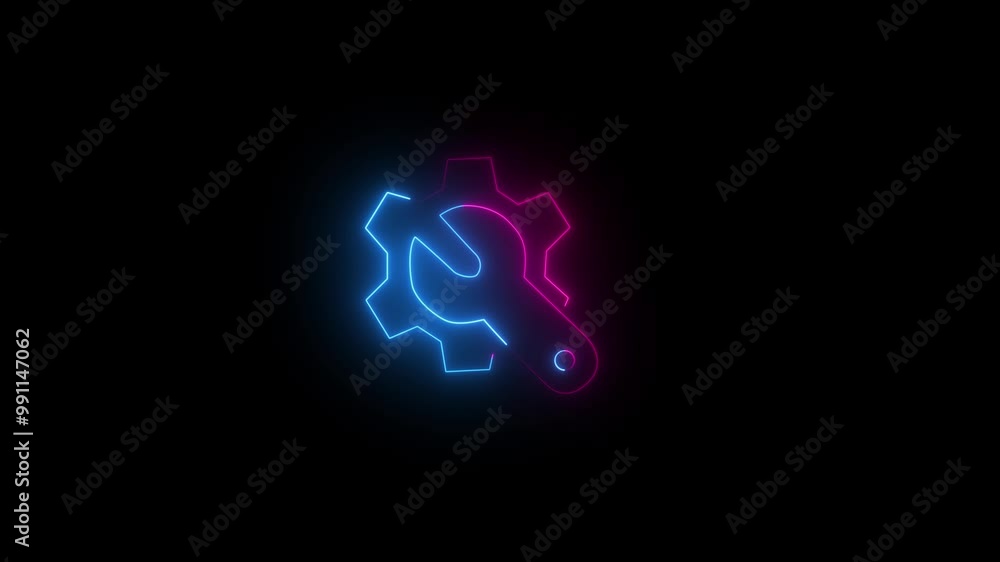 Neon Glowing Settings Gear and wrench Icon animation. Adjusting, service, setting, maintenance, repair, fixing on black background video animation Neon Glowing Settings Gear and wrench Icon animation. Adjusting, service, setting, maintenance, repair, fixing on black background video animation