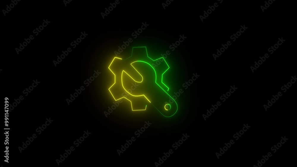Neon Glowing Settings Gear and wrench Icon animation. Adjusting, service, setting, maintenance, repair, fixing on black background video animation Neon Glowing Settings Gear and wrench Icon animation. Adjusting, service, setting, maintenance, repair, fixing on black background video animation