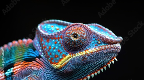 Colorful chameleon on an isolated black background