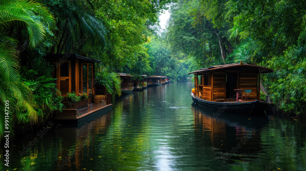 Obraz premium The tranquil backwaters of Kerala with traditional houseboats floating on the water