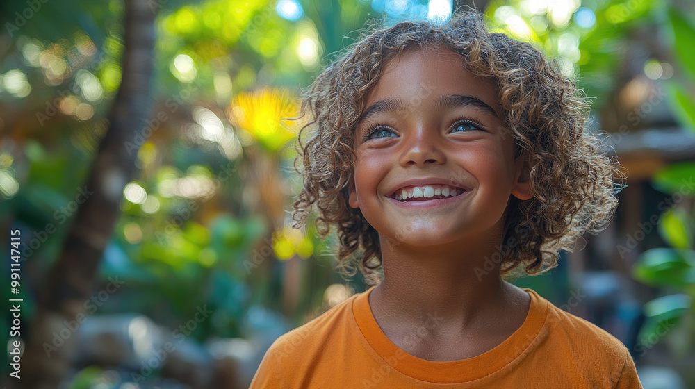 A cheerful young boy with curly hair grins widely amidst vibrant greenery in a tropical garden setting A cheerful young boy with curly hair grins widely amidst vibrant greenery in a tropical garden setting