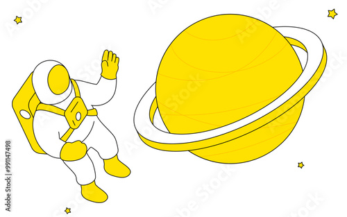 宇宙遊泳する宇宙飛行士と土星のかわいいシンプルな線画イラスト
