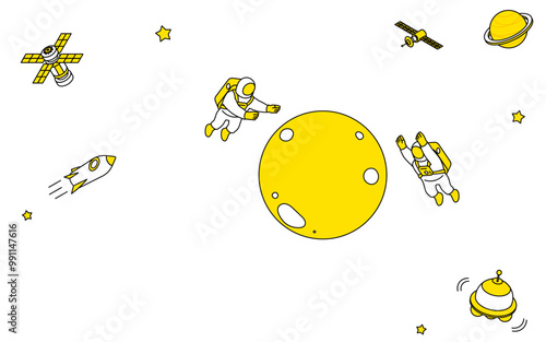 宇宙で月を調査する宇宙飛行士たちのかわいいシンプルな線画イラスト
