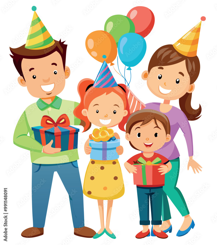 Happy family celebrating birthday holding gifts and balloons Happy family celebrating birthday holding gifts and balloons