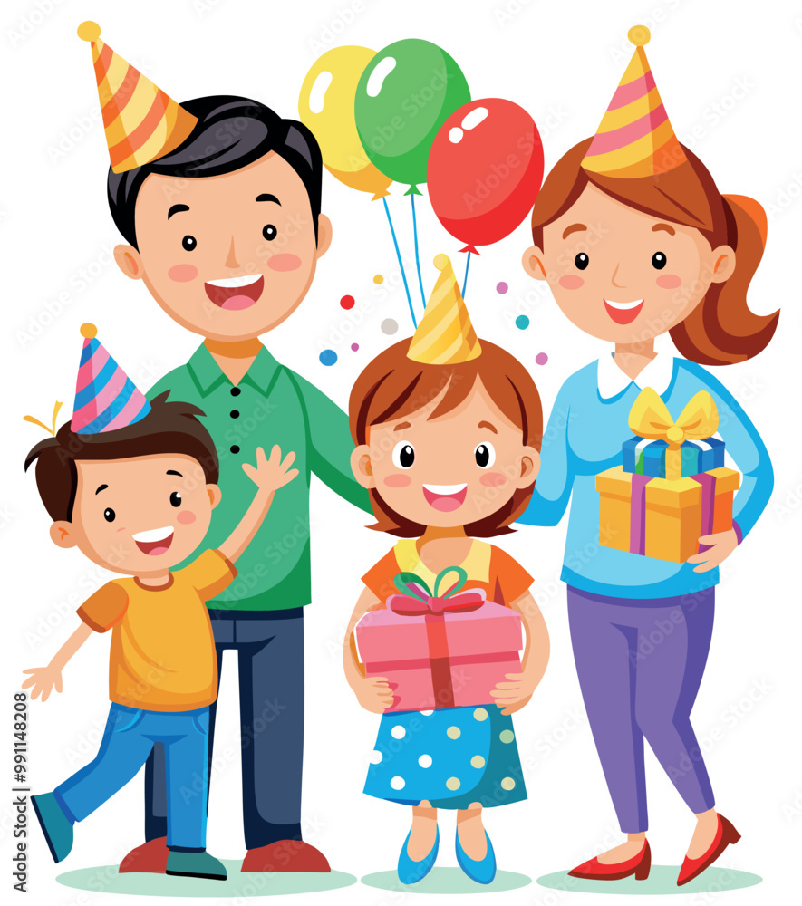 Happy family celebrating birthday holding gifts and balloons