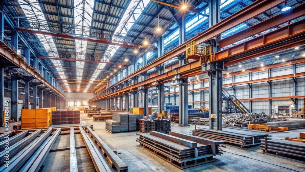 Industrial warehouse with towering steel beams and machinery creating a chaotic scene Industrial warehouse with towering steel beams and machinery creating a chaotic scene