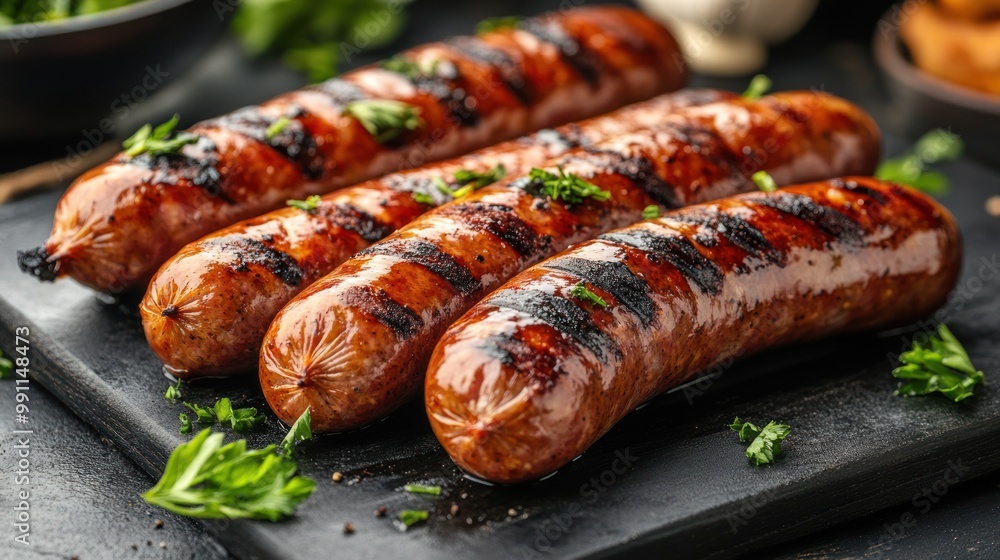Close-up of three grilled sausages on a black cutting board with fresh parsley. Close-up of three grilled sausages on a black cutting board with fresh parsley.