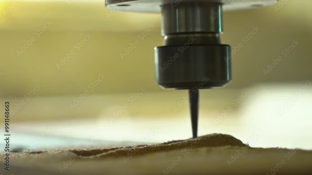 Lathe machine tool head with drill goes down and carves plywood sheet in woodwork shop closeup. Automated instrument with connected brush at plant. High quality 4k footage Lathe machine tool head with drill goes down and carves plywood sheet in woodwork shop closeup. Automated instrument with connected brush at plant. High quality 4k footage