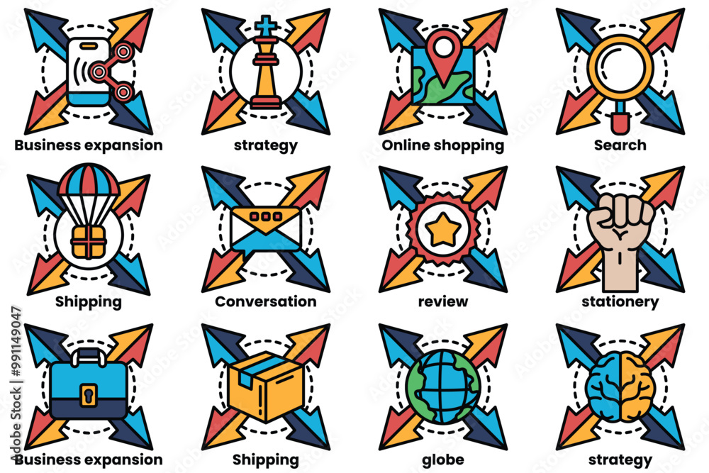 A series of business icons, including business expansion, business review A series of business icons, including business expansion, business review