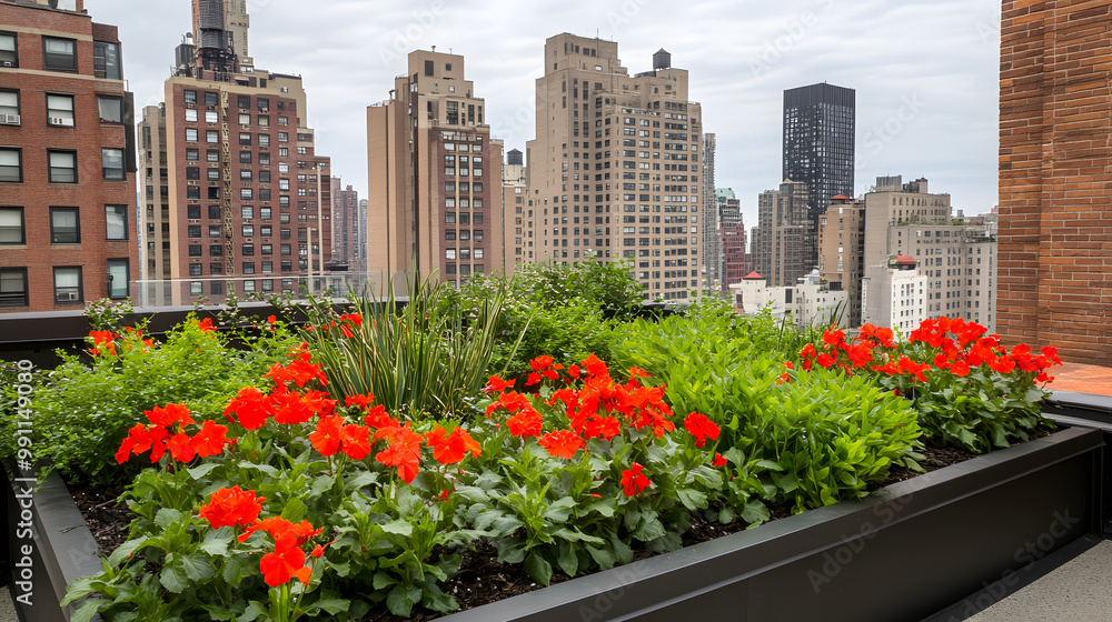 Urban rooftop garden filled with vibrant flowers and lush greenery, showcasing the contrast between nature and city life, with towering skyscrapers providing a stunning backdrop for relaxation Urban rooftop garden filled with vibrant flowers and lush greenery, showcasing the contrast between nature and city life, with towering skyscrapers providing a stunning backdrop for relaxation