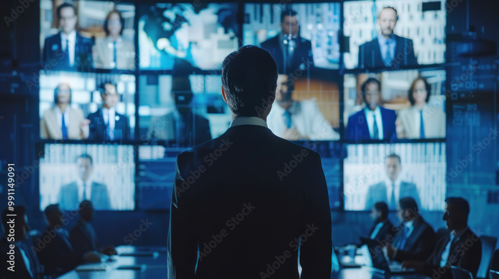 A business leader in a high-level meeting room, with multiple international clients on a virtual conference, discussing global business strategies A business leader in a high-level meeting room, with multiple international clients on a virtual conference, discussing global business strategies