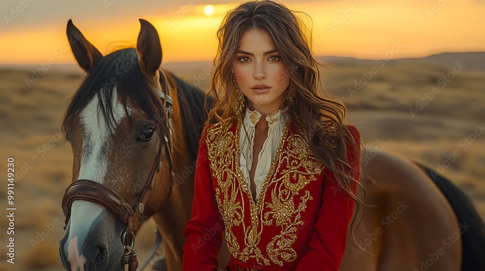Obraz premium A Mexican Charra in a deep red Charro suit adorned with intricate gold embroidery, standing beside her horse in the heart of the desert The dramatic colors of the sunset illuminate the vast,