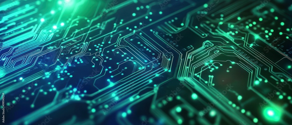 Abstract close-up of a circuit board with glowing lines and dots, representing technology. Abstract close-up of a circuit board with glowing lines and dots, representing technology.
