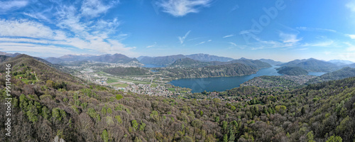 Drone view at lake Lugano from Malcantone valley  in Switzerland photo