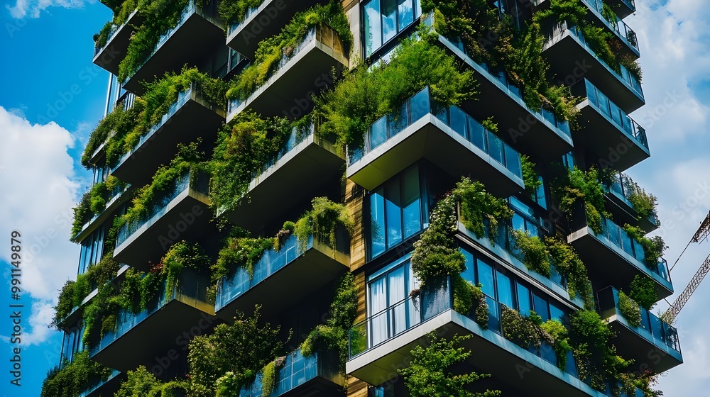 Modern building with lush greenery balconies against blue sky. Modern building with lush greenery balconies against blue sky.