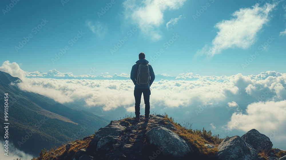man on top of mountain peak , outdoor adventure and travel exploration , hiking and reaching the summit , rugged wilderness and scenic views , nature journey and freedom in the mountains