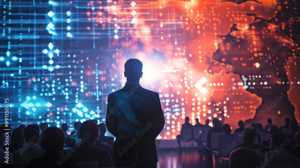 A business leader presenting at a digital transformation summit, with visuals of cutting-edge technologies and the future of global business leadership in the digital age. A business leader presenting at a digital transformation summit, with visuals of cutting-edge technologies and the future of global business leadership in the digital age.