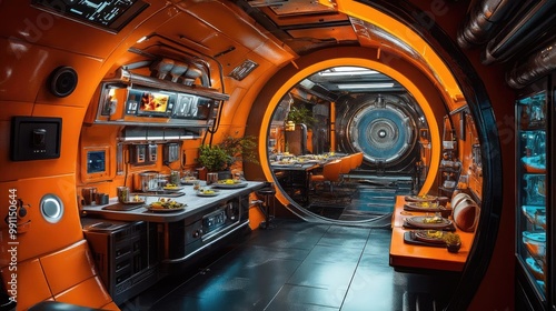 Birds-eye view of a futuristic kitchen, vibrant dishes artfully plated, colorful tech gadgets photo