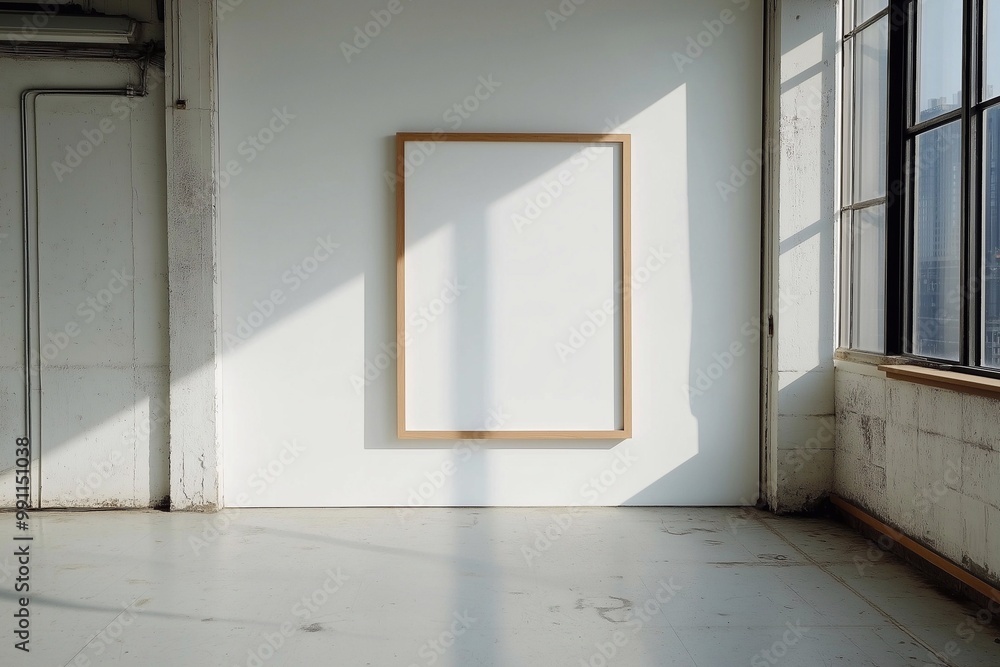 thin picture frame in the center, standing on floor in new york loft. blank white poster, advertising, mockup. thin picture frame in the center, standing on floor in new york loft. blank white poster, advertising, mockup.