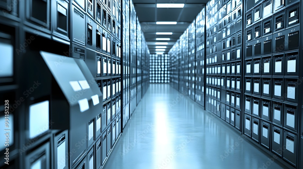 Modern data storage facility with rows of organized shelves and cabinets. Modern data storage facility with rows of organized shelves and cabinets.