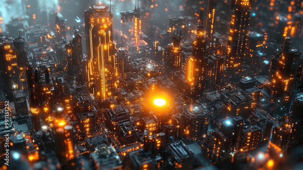 Fototapeta premium Birds-eye view of luminous fantasy cities, intricate scientific equipment embedded in nature, macro photography capturing vivid details