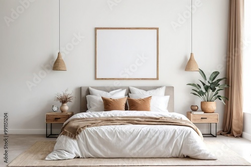 Bright bedroom interior with earth tone color and empty mock-up frame with copy space.