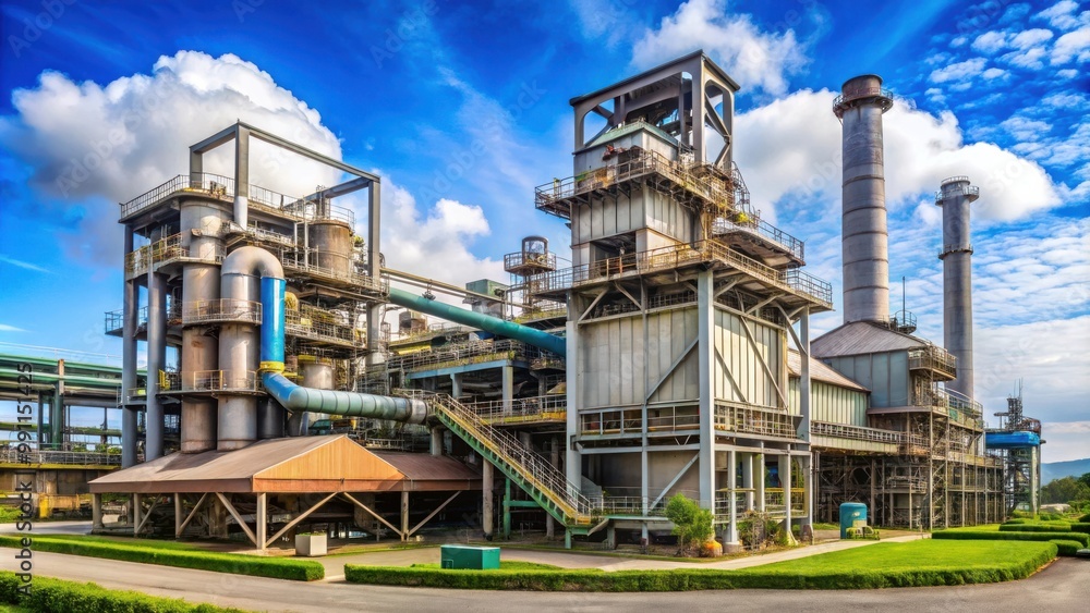 Exterior of nickel factory at Pt Vale Indonesia with industrial pipes and structures Exterior of nickel factory at Pt Vale Indonesia with industrial pipes and structures