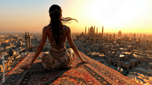 princesse orientale assise sur un tapis volant au dessus d'une ville