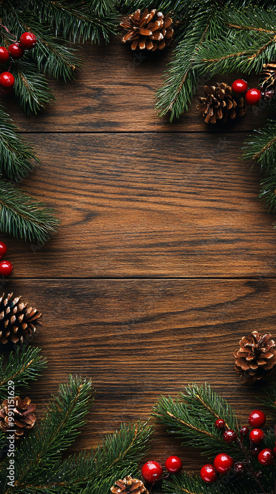 Christmas tree branch decorations framing a wooden table, creating festive and seasonal wallpapers with pine cones, red ornaments, and vibrant greenery. Christmas tree branch decorations framing a wooden table, creating festive and seasonal wallpapers with pine cones, red ornaments, and vibrant greenery.