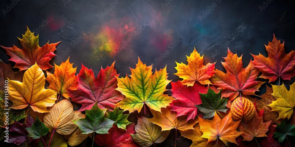 Vibrant display of colorful autumn leaves against dark background, showcasing the beauty of fall Vibrant display of colorful autumn leaves against dark background, showcasing the beauty of fall