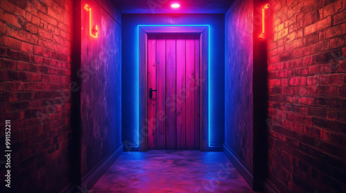 Vibrant corridor with rustic wooden door and illuminated by neon lights at night,