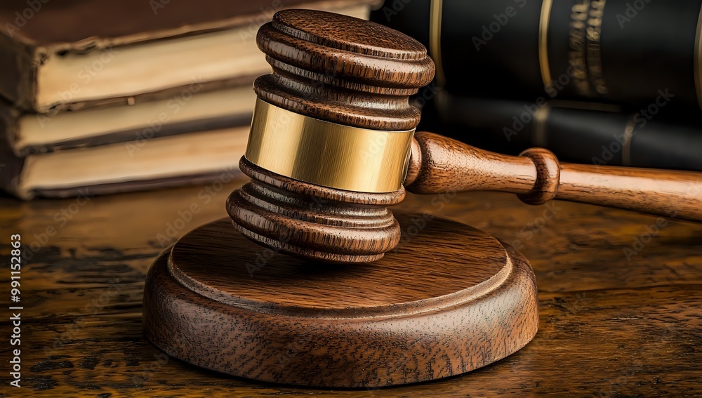A wooden gavel resting on a block of wood, with books in the background. A wooden gavel resting on a block of wood, with books in the background.