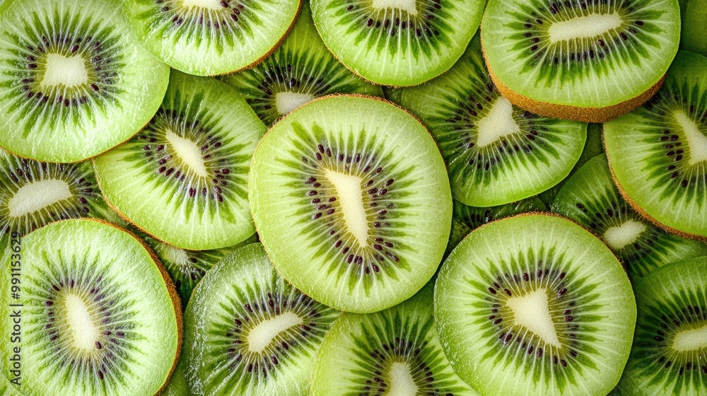 A close-up of kiwi slices revealing their bright green flesh and tiny seeds, with the whole fruit placed on top A close-up of kiwi slices revealing their bright green flesh and tiny seeds, with the whole fruit placed on top