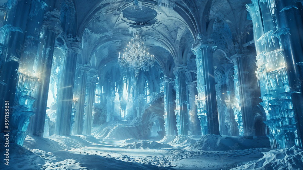Fototapeta premium Frozen ballroom with ornate ice sculptures and a glistening chandelier, sunlight streaming through frost-covered windows creating a magical ambiance. Interior of a magical palace or castle