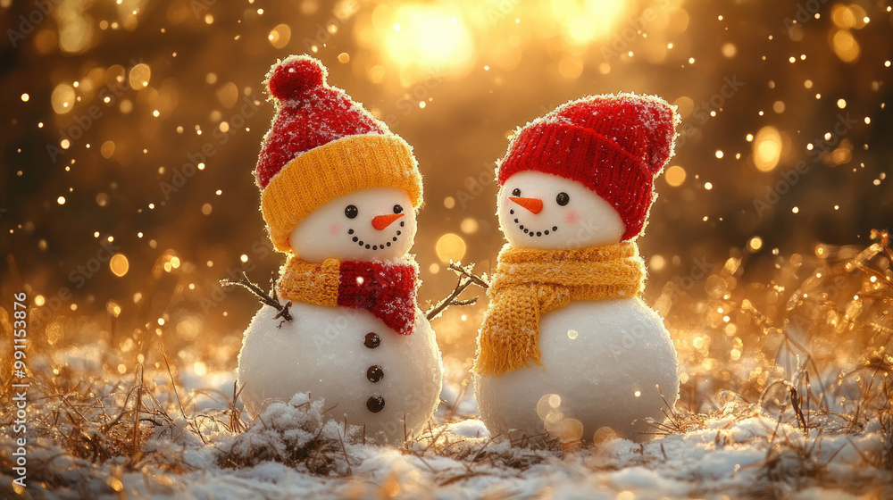 Two decorated snowmen in bright hats enjoy a sunny winter day, surrounded by snowflakes falling gently on a glistening landscape Two decorated snowmen in bright hats enjoy a sunny winter day, surrounded by snowflakes falling gently on a glistening landscape