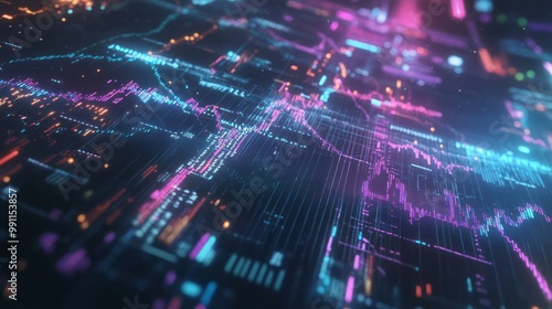 Complex data visualization of global stock markets, interconnected line graphs, 3D charts, and floating data streams in a futuristic design