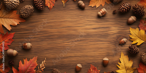 Fall themed background with leaves, pine cones, and acorns with copy space made of wood