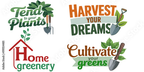 Inspirational Gardening Logos With Motivational Text and Tools