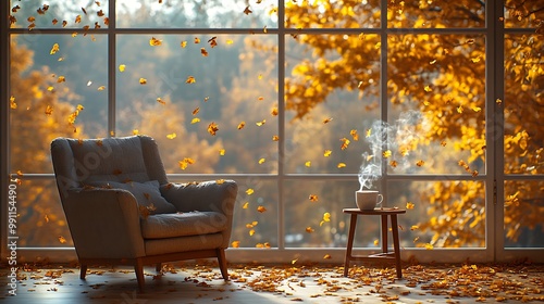 A rustic armchair placed by a large window, with golden autumn leaves falling outside A steaming cup of coffee sits on a small side table, and the golden sunlight casts long shadows into the room,