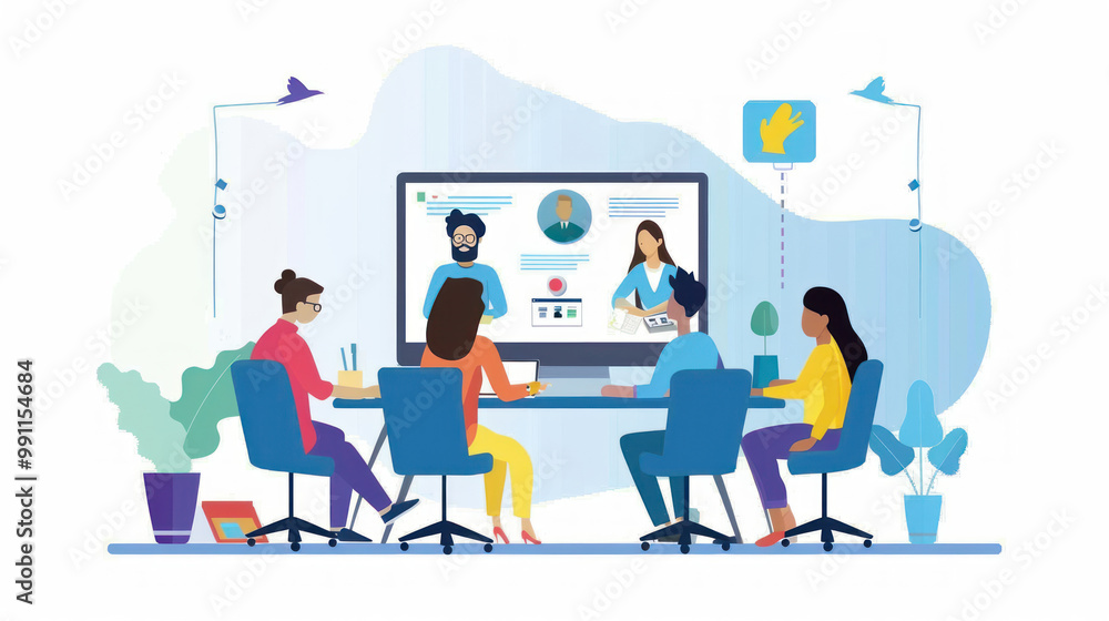 A business meeting in a hybrid work setup, with in-person participants around a table and remote team members on a large screen, contributing to the discussion. A business meeting in a hybrid work setup, with in-person participants around a table and remote team members on a large screen, contributing to the discussion.